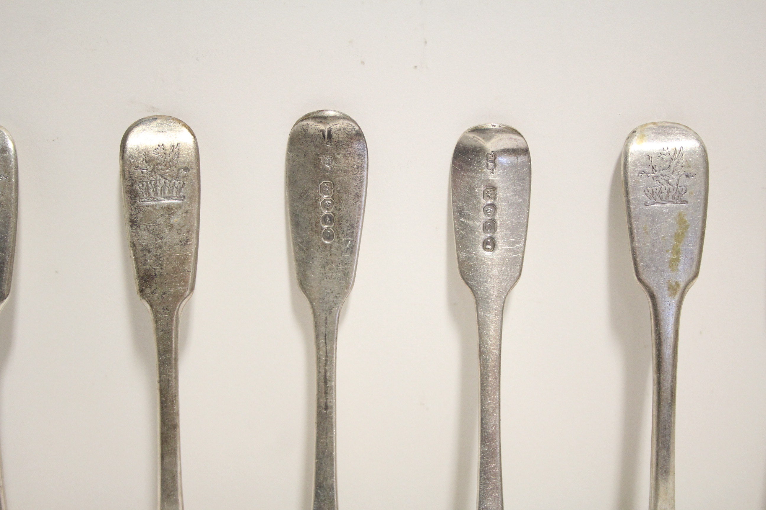 Six George IV Fiddle pattern dessert spoons; London 1829; & six William IV ditto, 1834; all by - Image 2 of 2