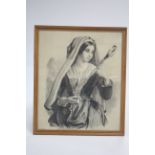 SKINNER, E. (19th century). A pencil drawing of a young Italian woman spinning wool; signed: 21" x