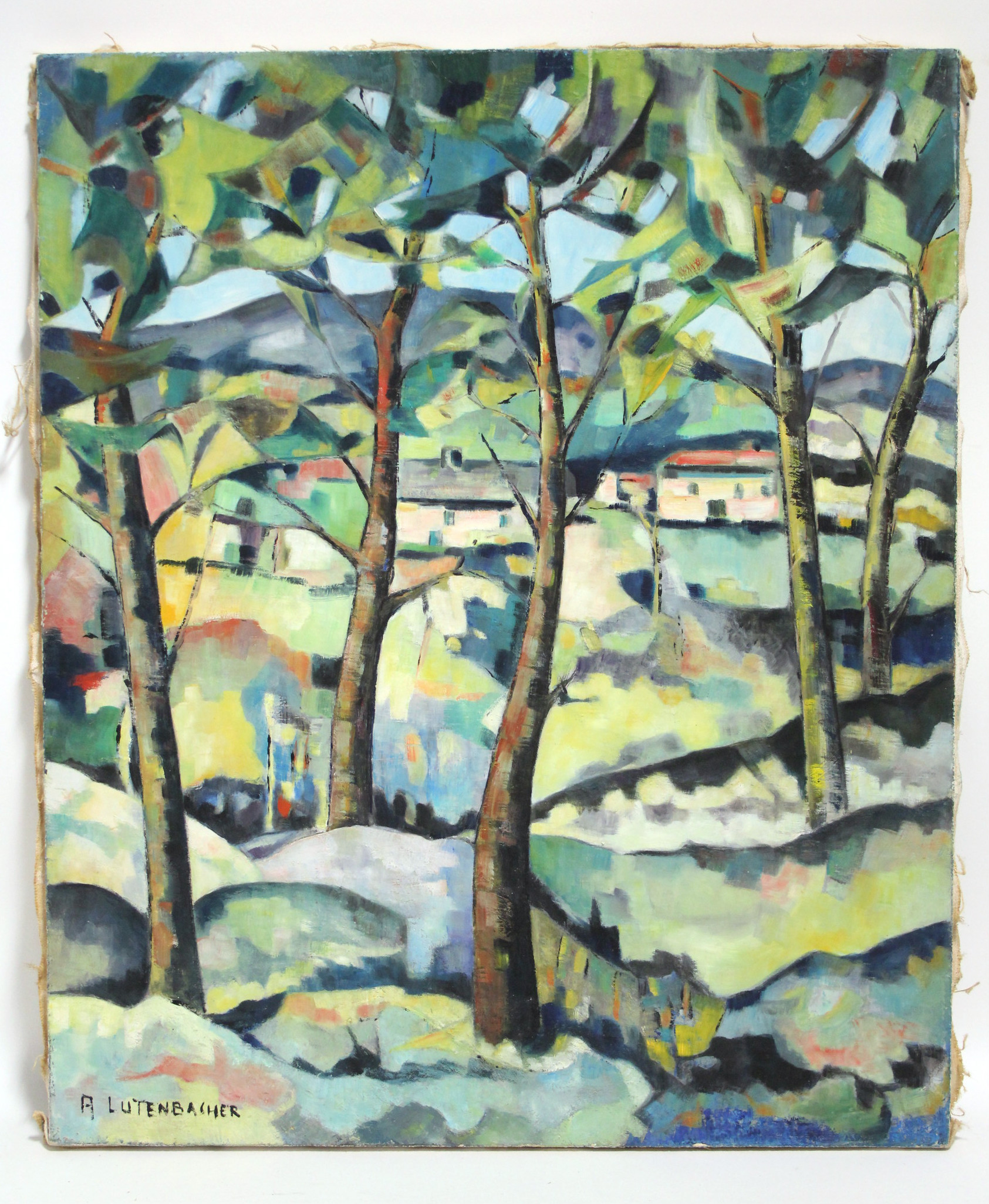 LUTENBACKER, Arthur (1916-1993). A wooded landscape with cottages, fields, & hills beyond, signed;