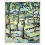 LUTENBACKER, Arthur (1916-1993). A wooded landscape with cottages, fields, & hills beyond, signed;