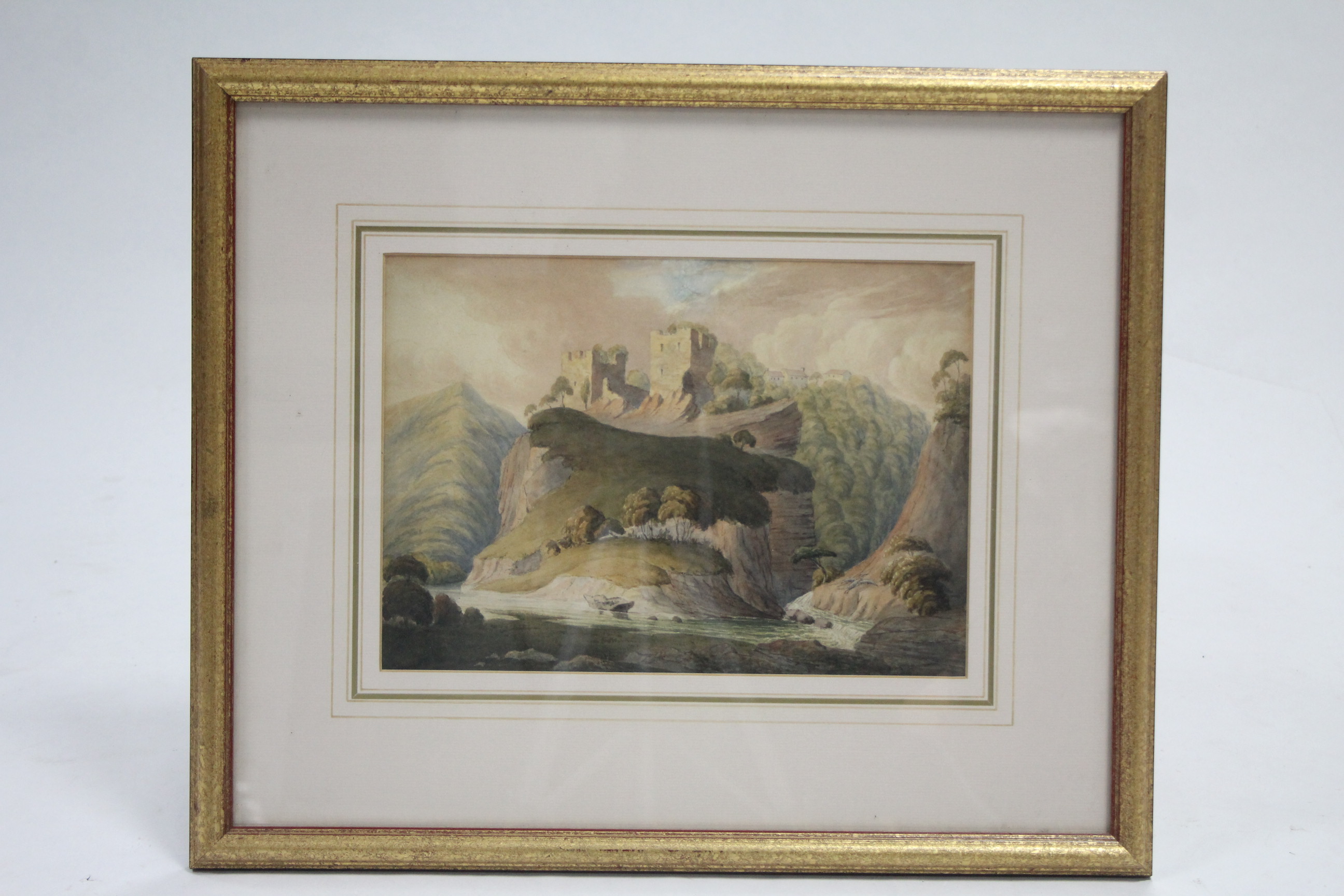 ENGLISH SCHOOL, 19th century. A river gorge with hill-top castle. Watercolour: 8¾" x 12"; & a