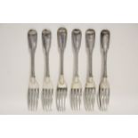 Six Victorian Fiddle & Thread pattern table forks; London 1843, by John Hames Whiting; one 1887 –