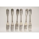 Six William IV Fiddle pattern table forks; London 1836, by William Eaton. (14 oz).