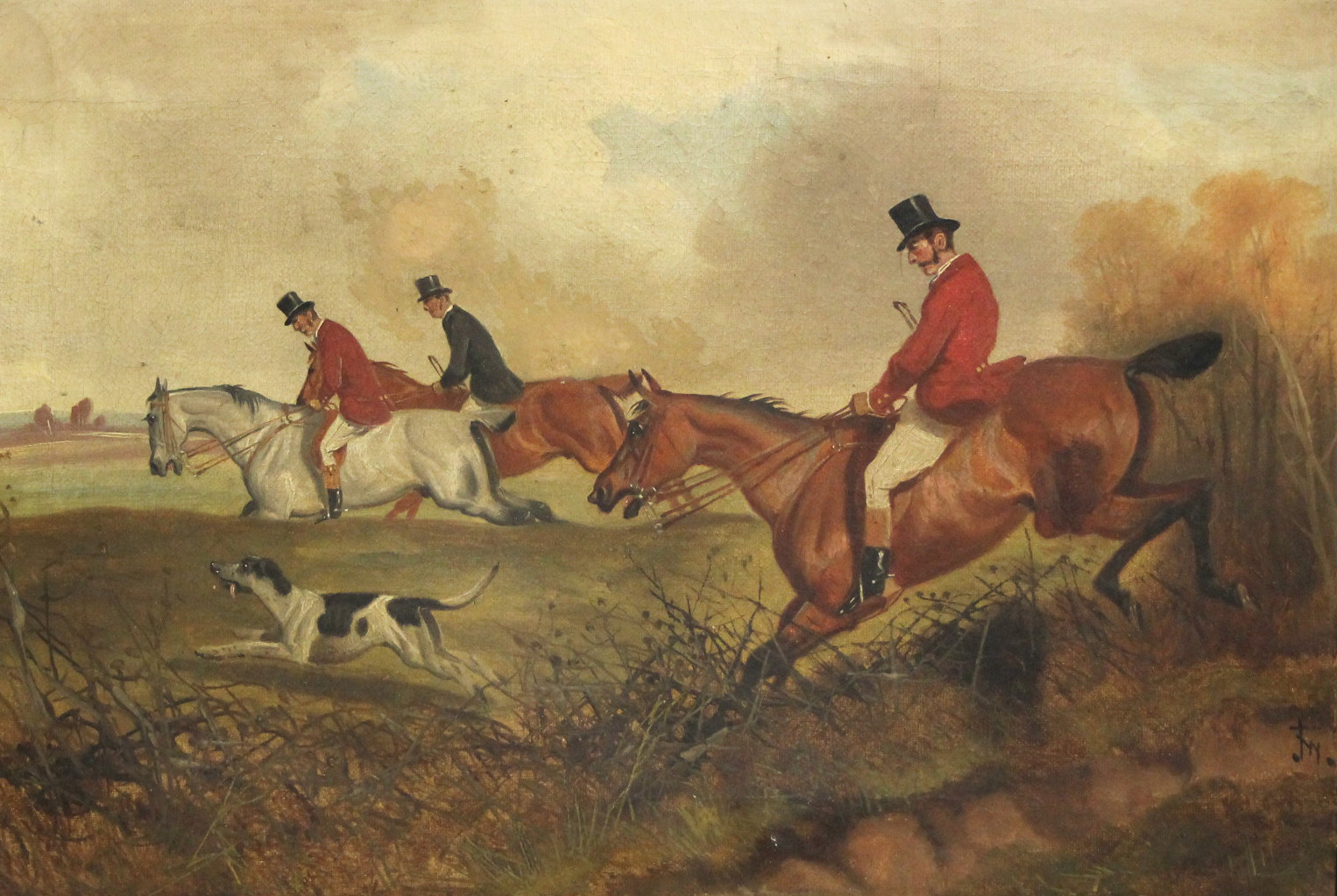 ENGLISH SCHOOL, mid-19th century. Huntsmen & a hound taking a hedge. Signed with monogram J. W.; oil