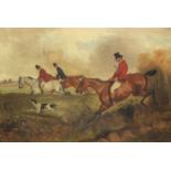 ENGLISH SCHOOL, mid-19th century. Huntsmen & a hound taking a hedge. Signed with monogram J. W.; oil