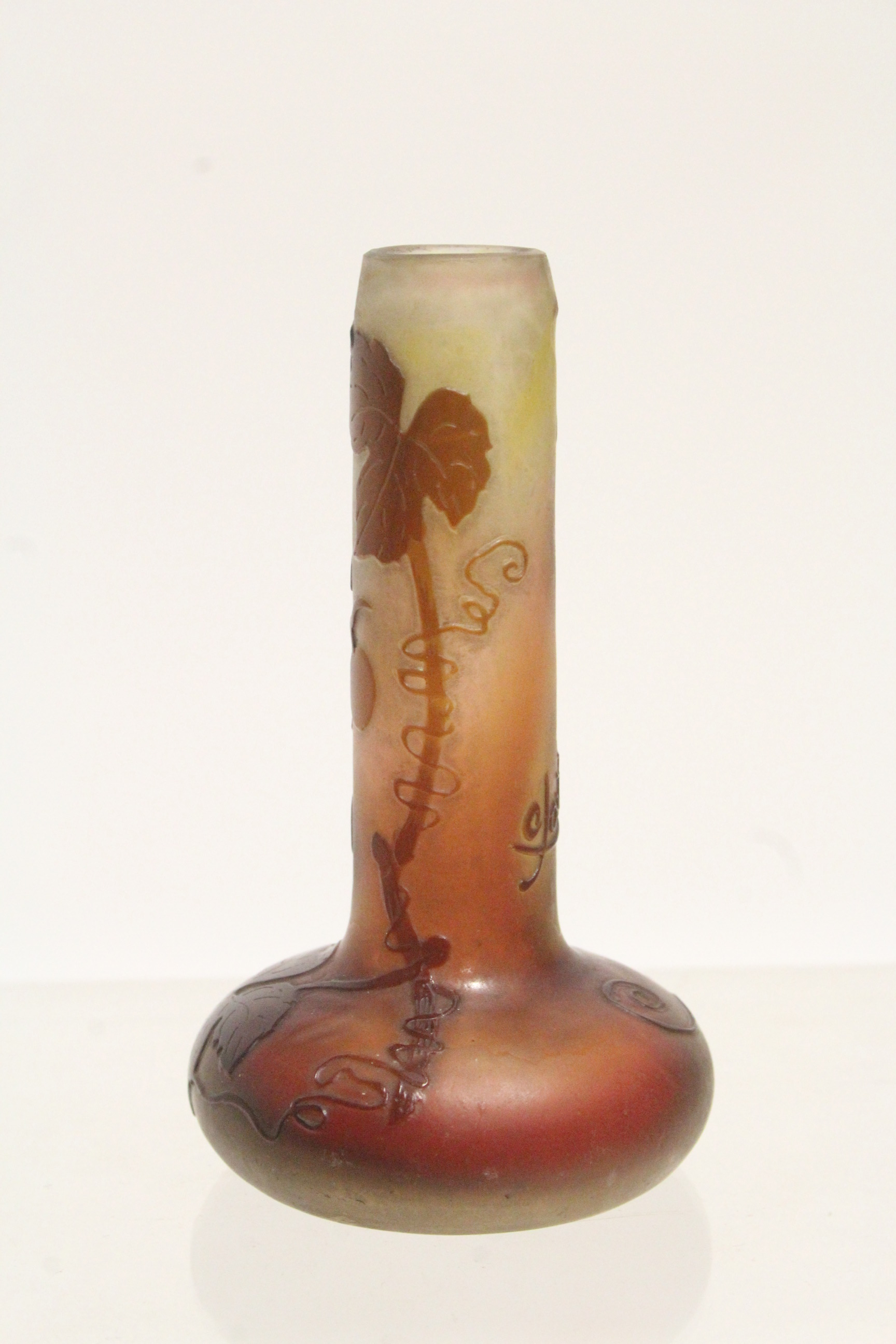 A Gallé cameo glass small vase with squat round body & tall narrow neck, decorated with fruiting - Image 2 of 6