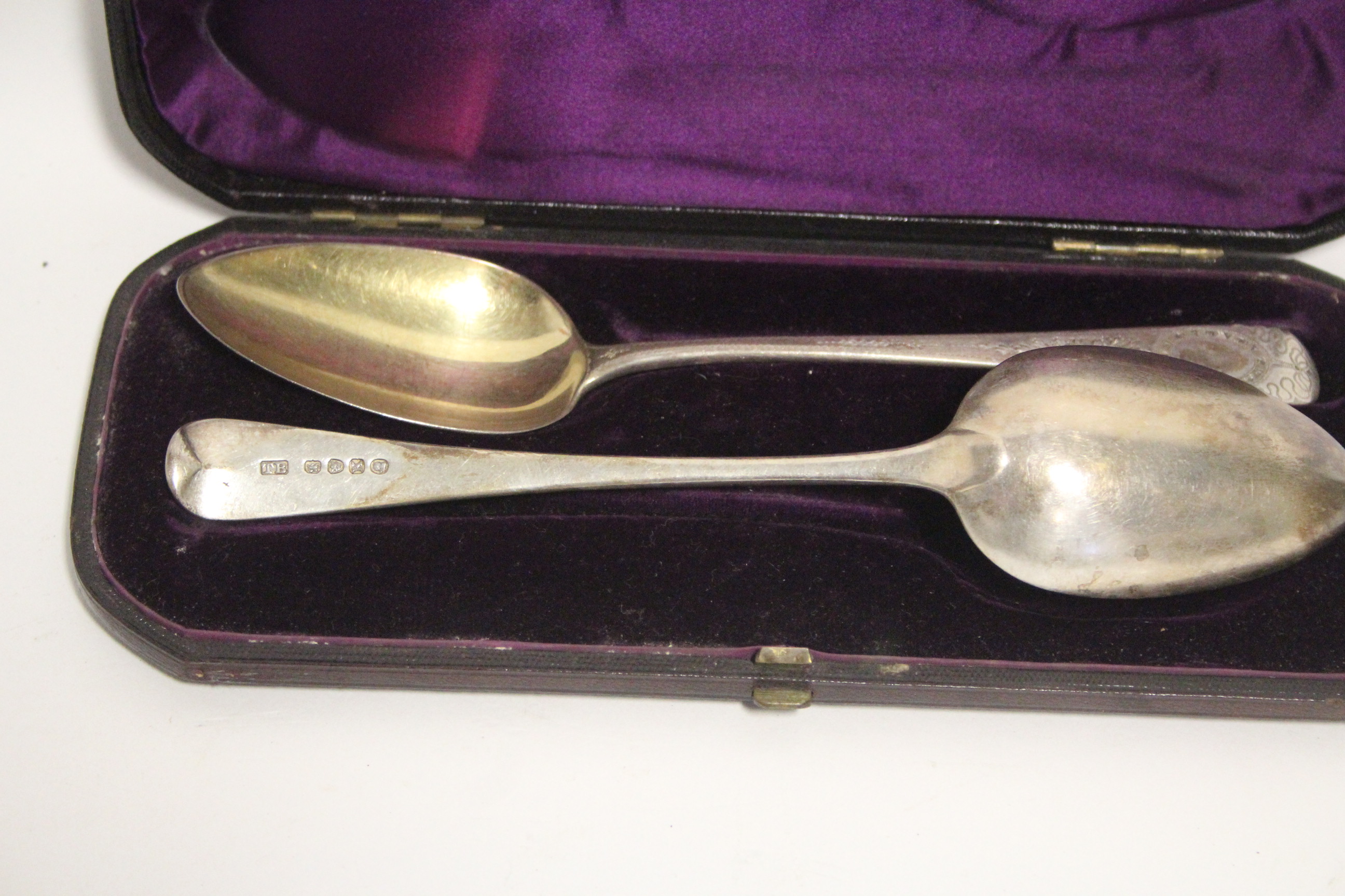 A pair of George III Old English table spoons with later engraved floral decoration & parcel-gilt - Image 2 of 2