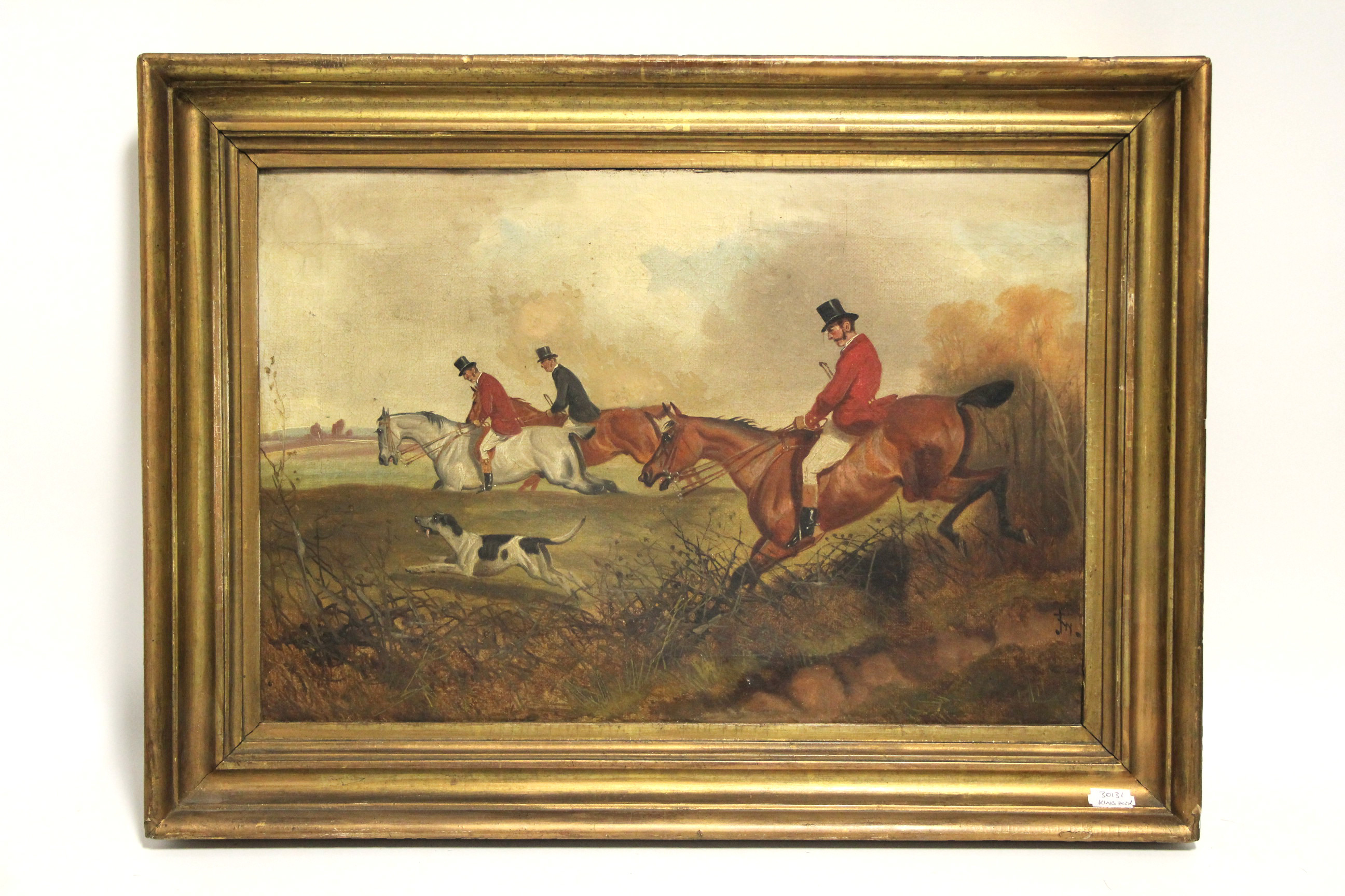 ENGLISH SCHOOL, mid-19th century. Huntsmen & a hound taking a hedge. Signed with monogram J. W.; oil - Image 2 of 3