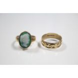 A 15ct. gold ring set green & white-overlaid glass oval cameo of a female bust; & a 9ct. gold