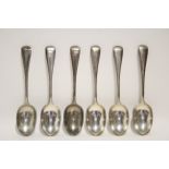 Six Edwardian Old English dessert spoons; London 1901, by Johnson, Walker, & Tolhurst Ltd. (9 oz).