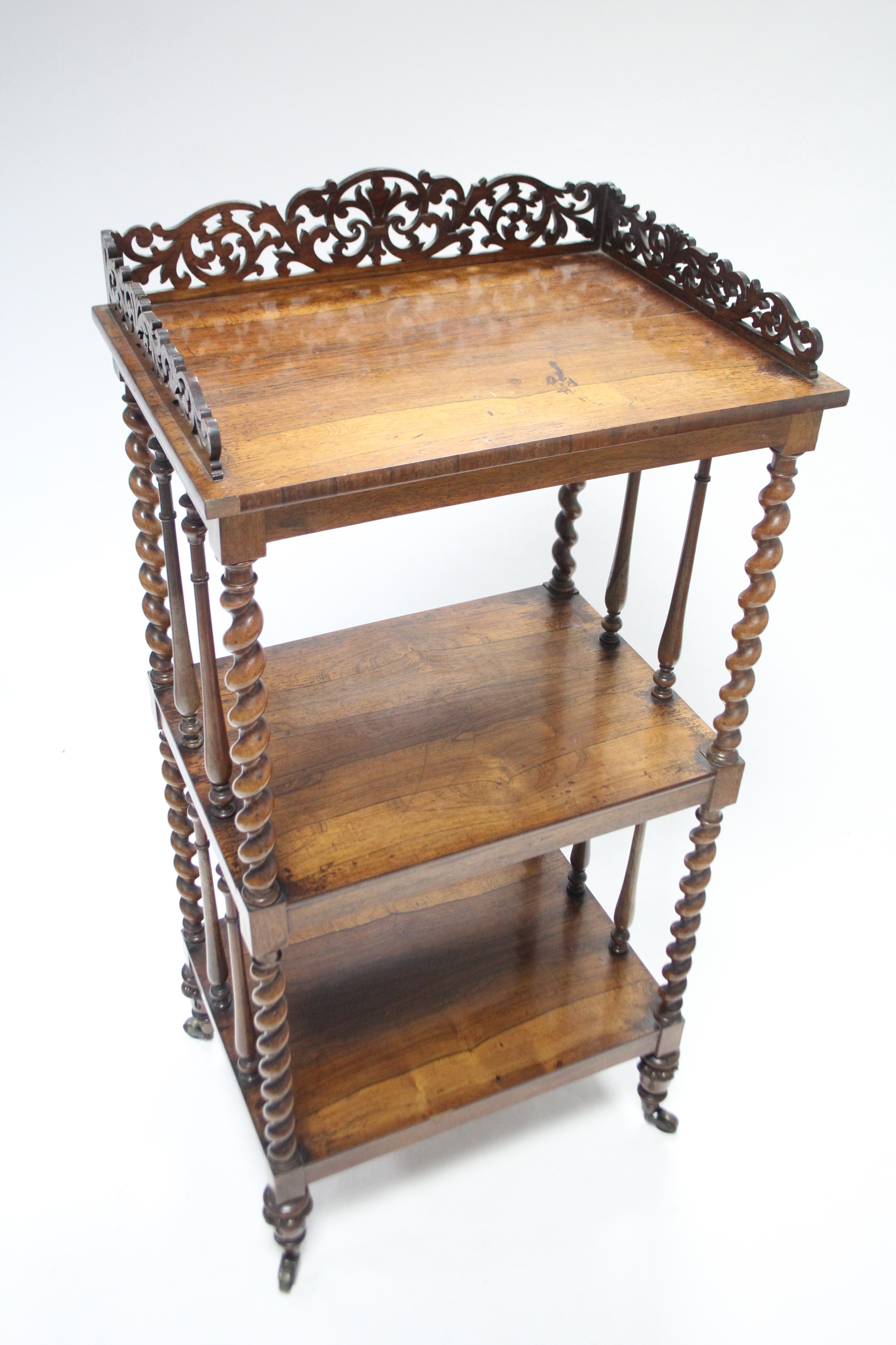 A mid-19th century rosewood three tier rectangular whatnot with carved pierced tray-top, barley- - Image 2 of 2