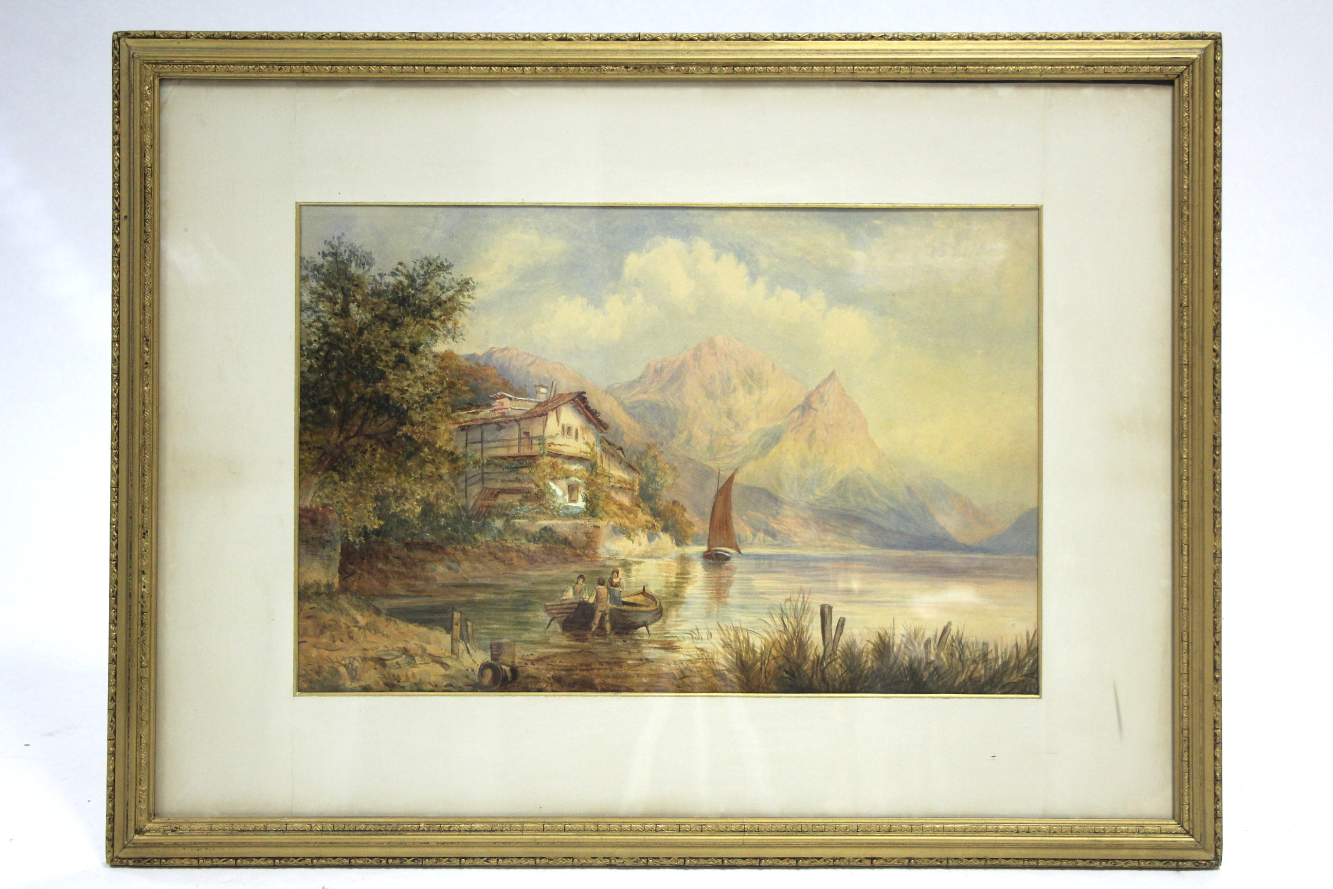ENGLISH SCHOOL, late 19th century. An alpine lake scene with chalet & figures to the fore.