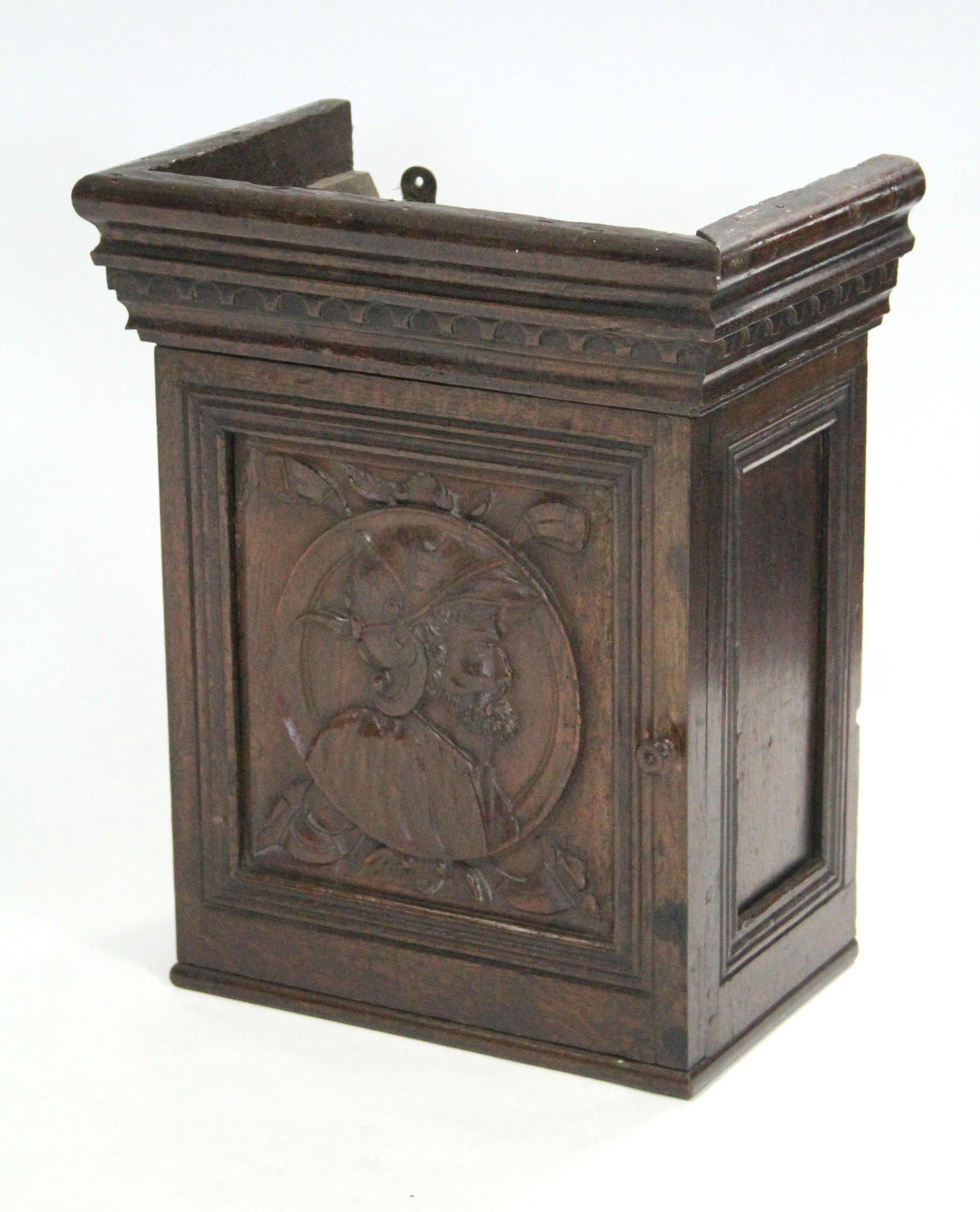 A 17th century style carved walnut & oak small cabinet enclosed by panel door with decoration of a - Image 2 of 3