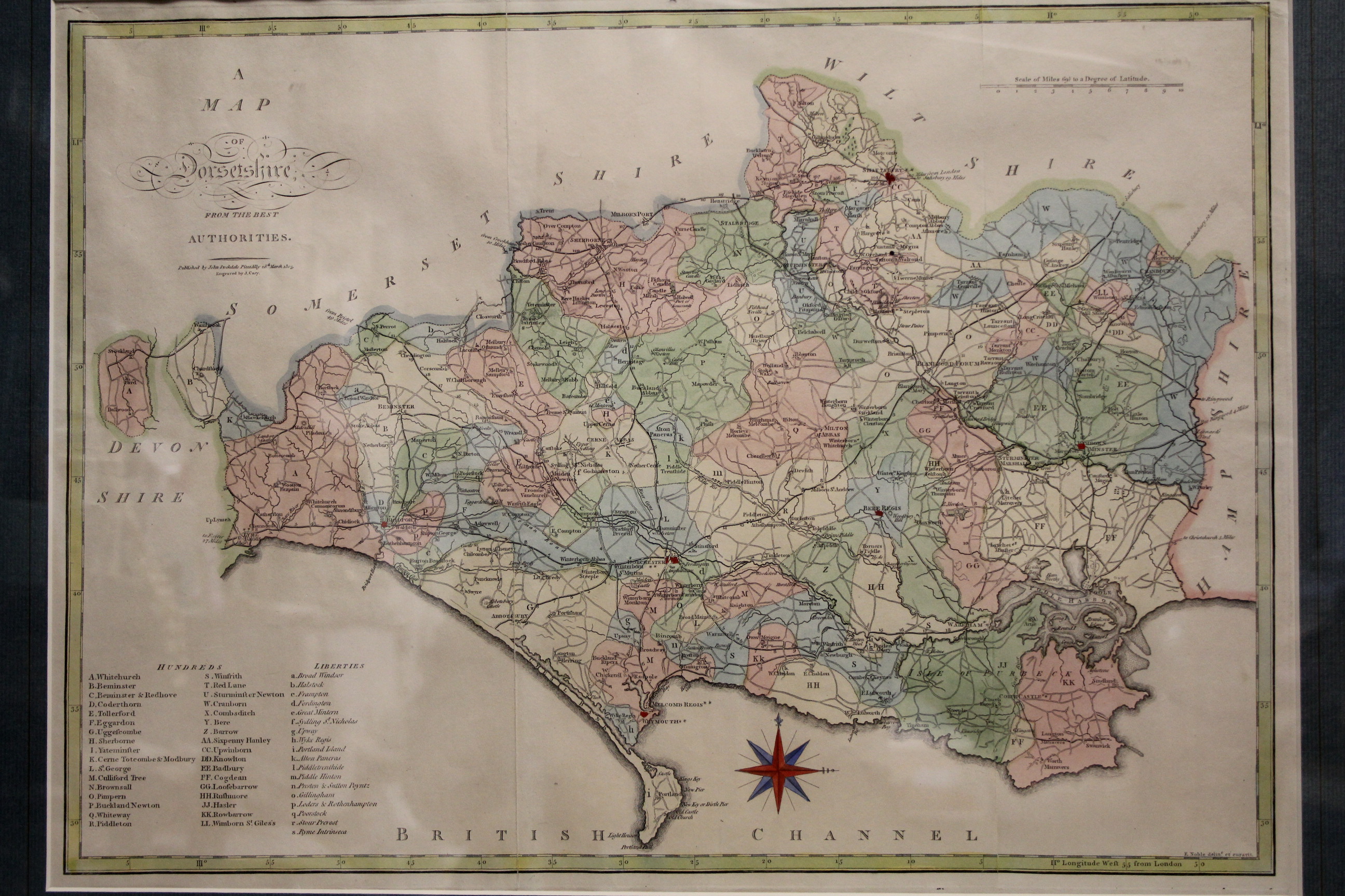 CARY, J. A coloured engraved map of Dorsetshire, From The Best Authorities". Published 1805, by John