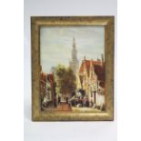 ANDRASS. A Dutch street scene in the 19th century, with numerous figures & carriages. Oil on