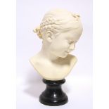 A simulated white marble bust of a young girl, on ebonised socle; 15” high over-all. (slight