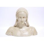 A painted terracotta bust in the renaissance style, of a young woman with plaited hair, signed to