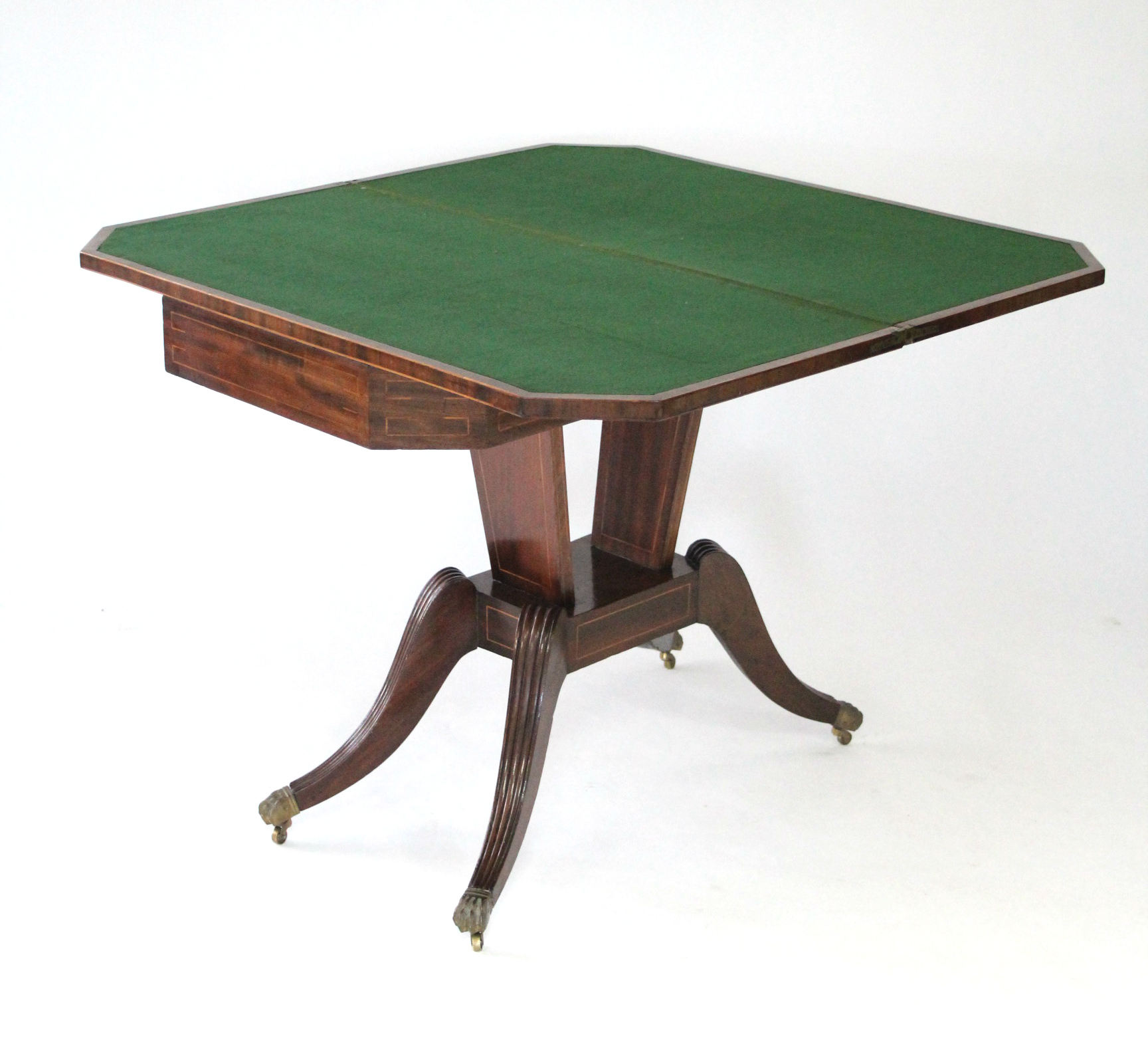 A REGENCY INLAID-MAHOGANY CARD TABLE, the rectangular fold-over top having canted corners with - Image 2 of 2