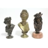 A bronze female bust, 11¼" high; another of Apollo, 8½"; & another in the 19th century style of a