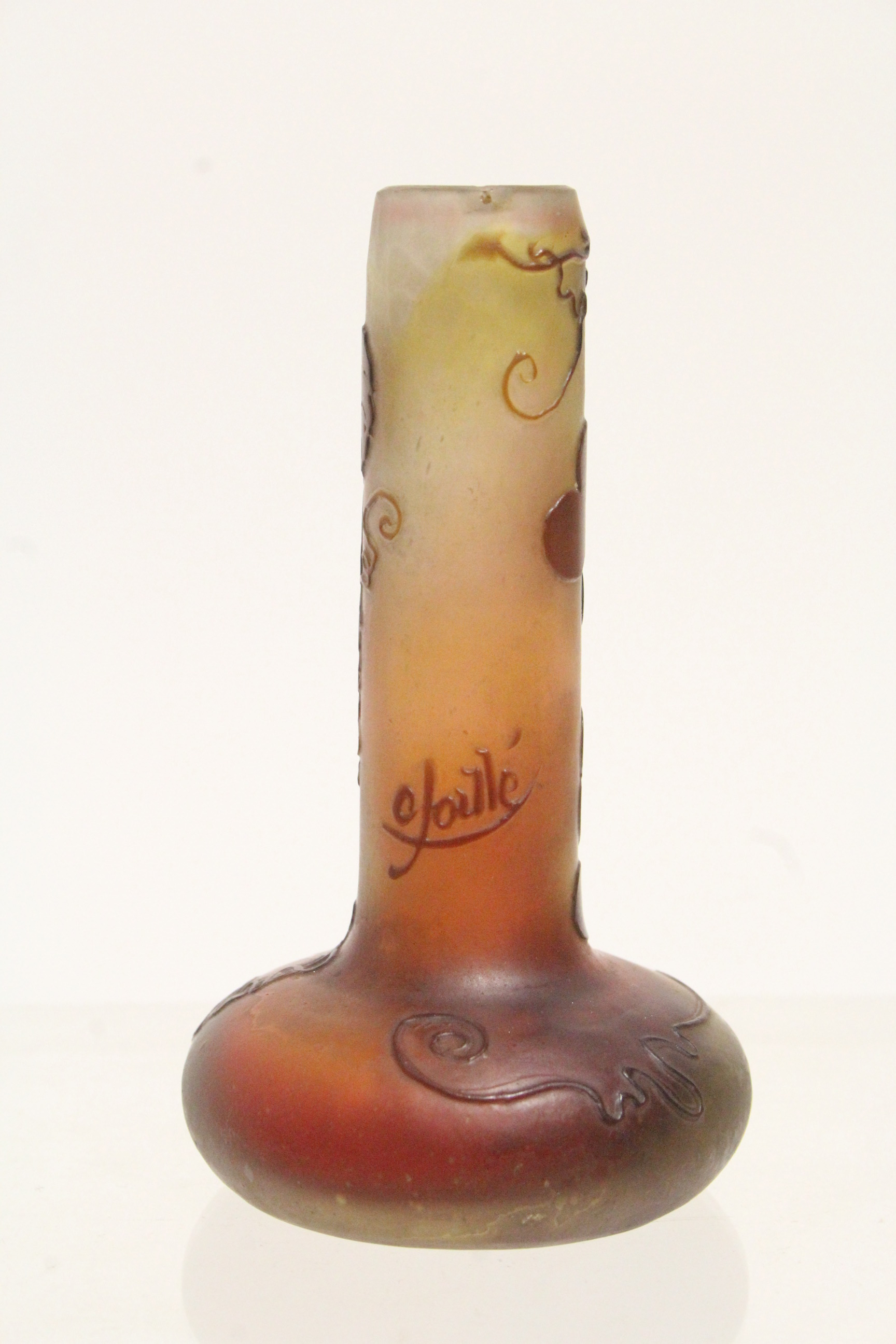 A Gallé cameo glass small vase with squat round body & tall narrow neck, decorated with fruiting - Image 3 of 6