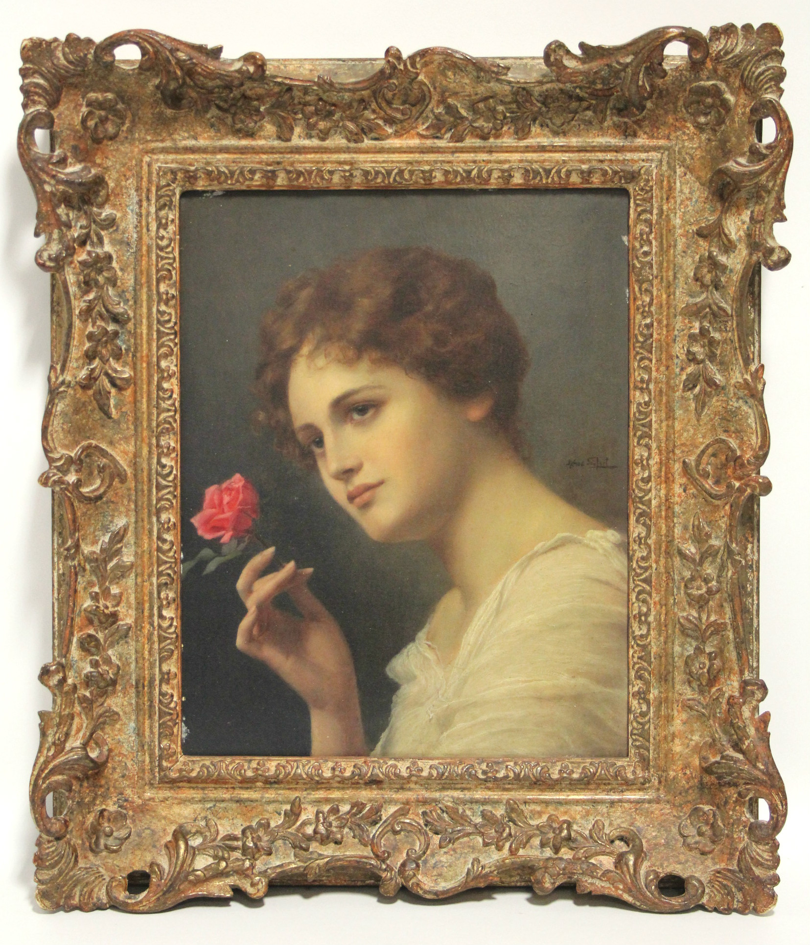 SIEFERT, Alfred (1850-1901). A head-&-shoulders portrait of a young lady holding a pink rose.