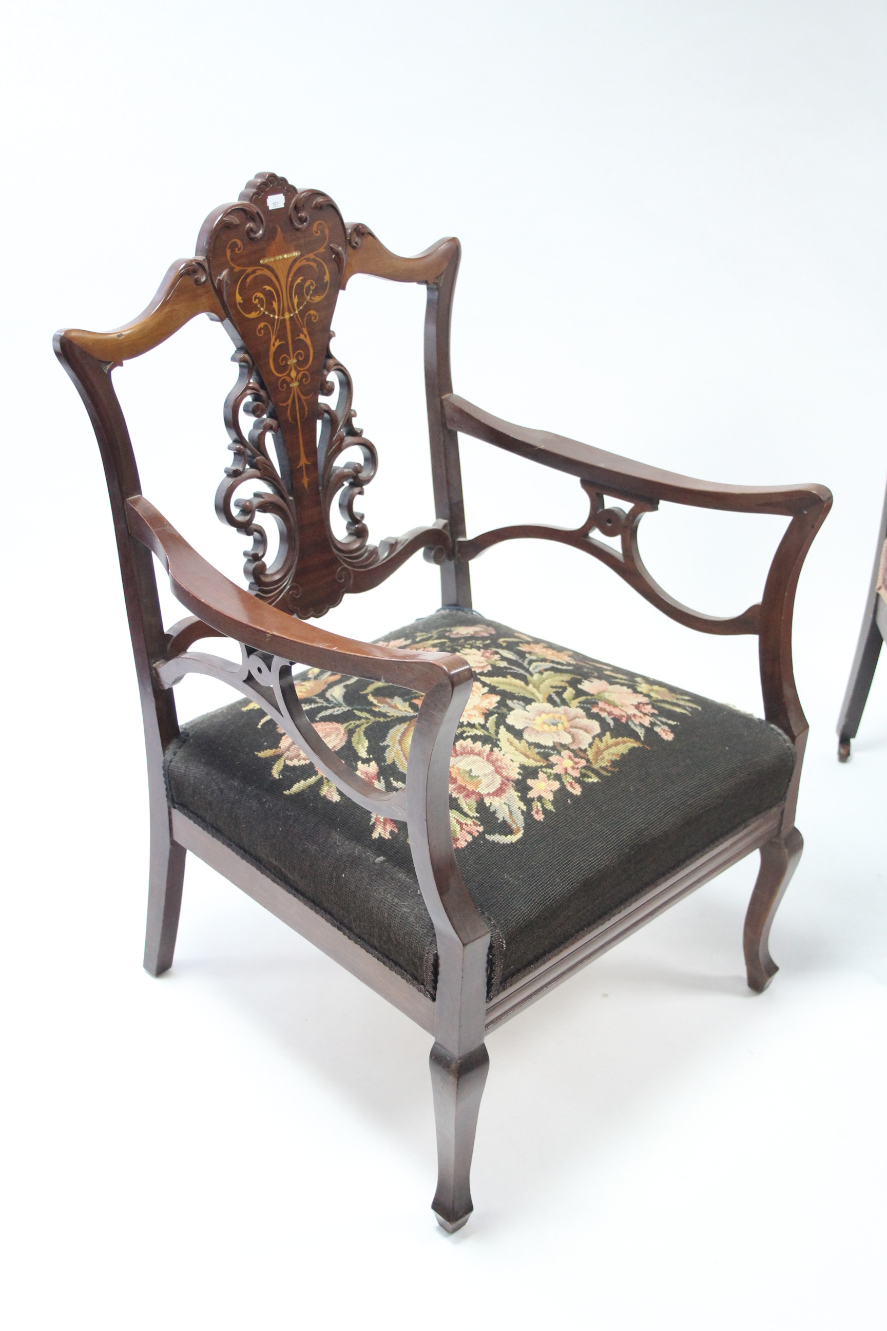 A pair of late 19th century mahogany elbow chairs with marquetry decoration to the pierced splats, - Image 2 of 5