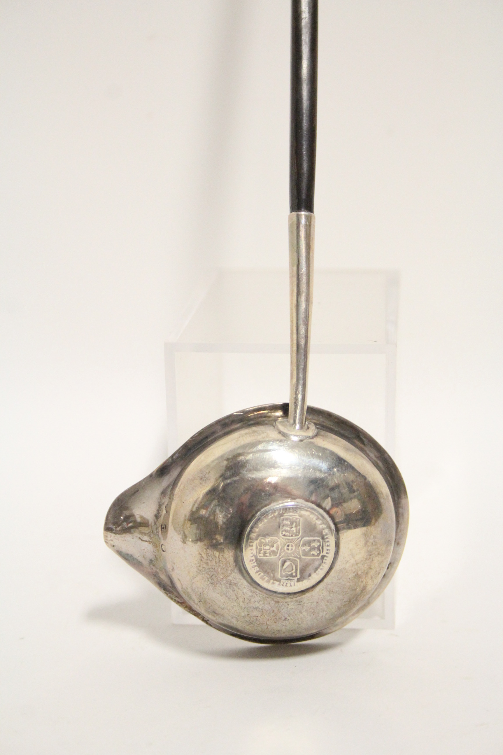 A George III punch ladle, the oval lipped bowl inset George II sixpence, with long whalebone twist - Image 2 of 2