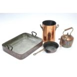 Four items of antique copper kitchenware, including a large roasting tray, a two-handled stock