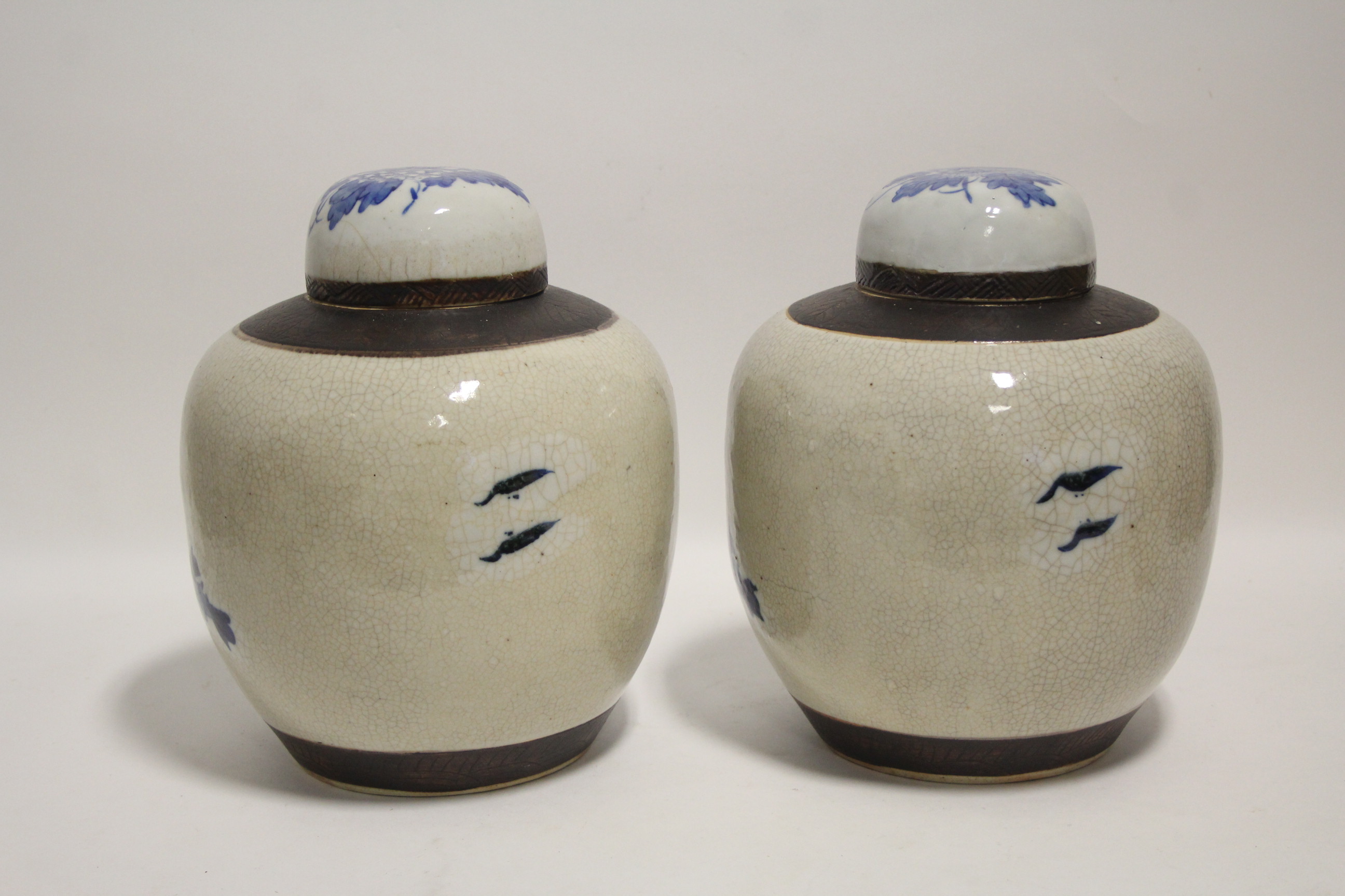 A pair of 19th century Chinese blue-&-white porcelain crackle-ware large ginger jars & covers, - Image 2 of 3