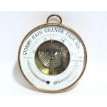 A brass-cased aneroid wall barometer & thermometer, 6½" diam.; & a similar barometer in oak case (