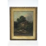 ENGLISH SCHOOL, mid-19th century. A stone cottage beside a stream. Oil on board: 11" x 8½".