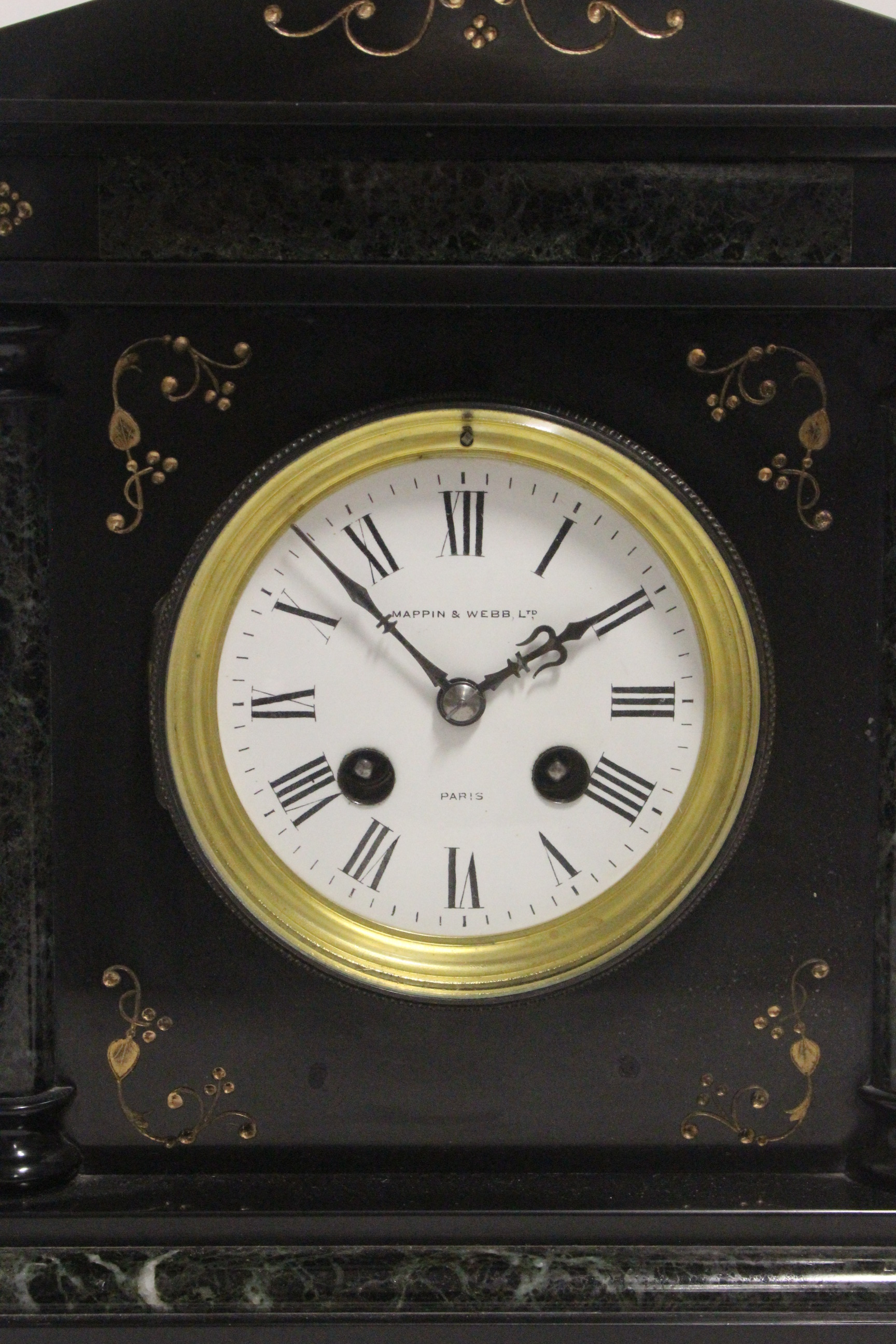 A Victorian striking mantel clock with 4" diam. white enamel dial, in black slate & green marble - Image 2 of 4