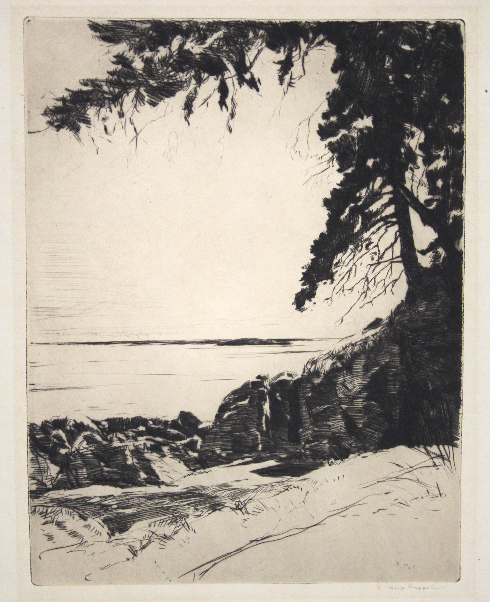 KAPPEL, Philip (1901-1981). A black-&-white etching of trees by a shore, signed in pencil: 9½" x