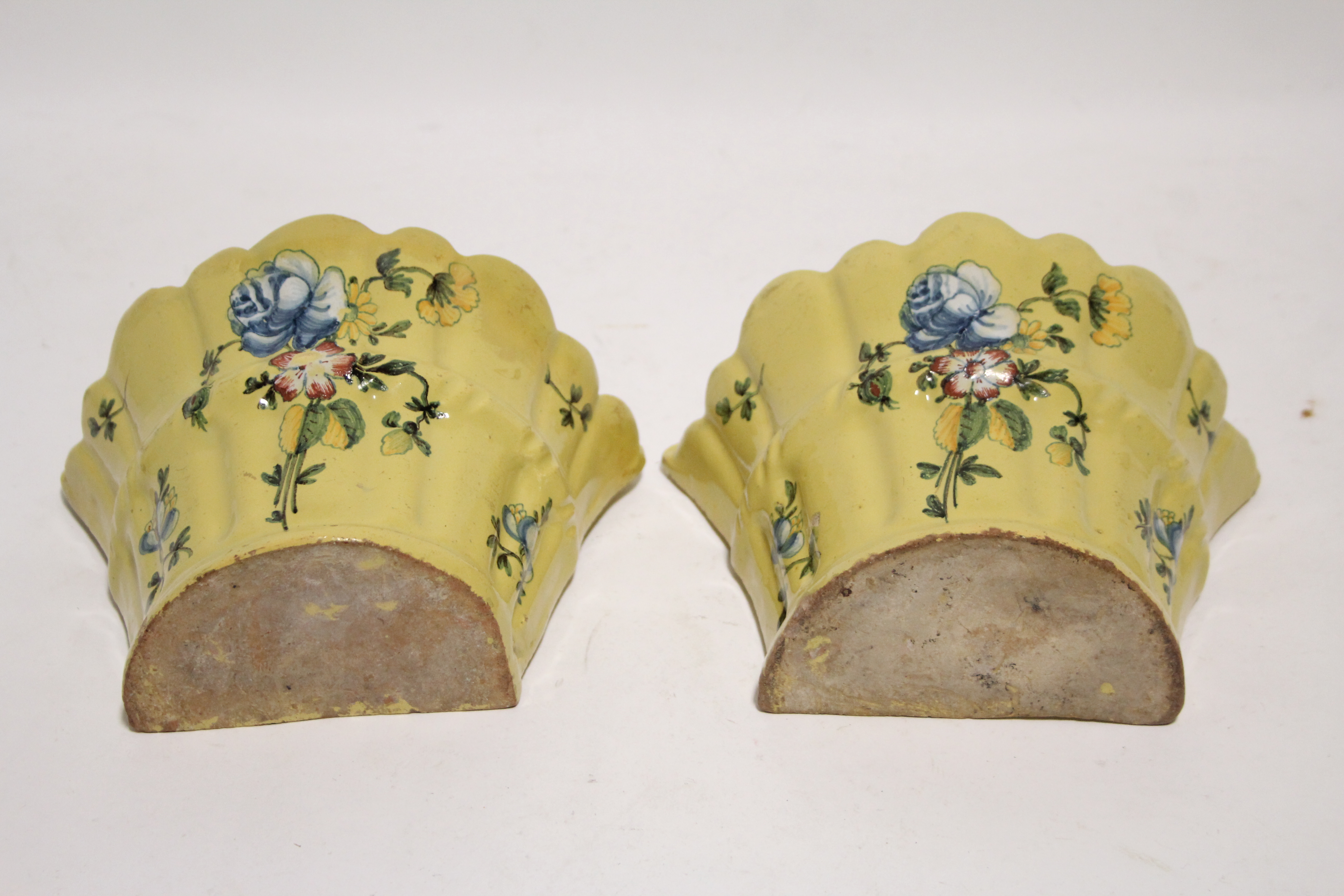 A pair of 18th century French yellow-ground faience bough bots of flared half-round form, each - Image 3 of 3