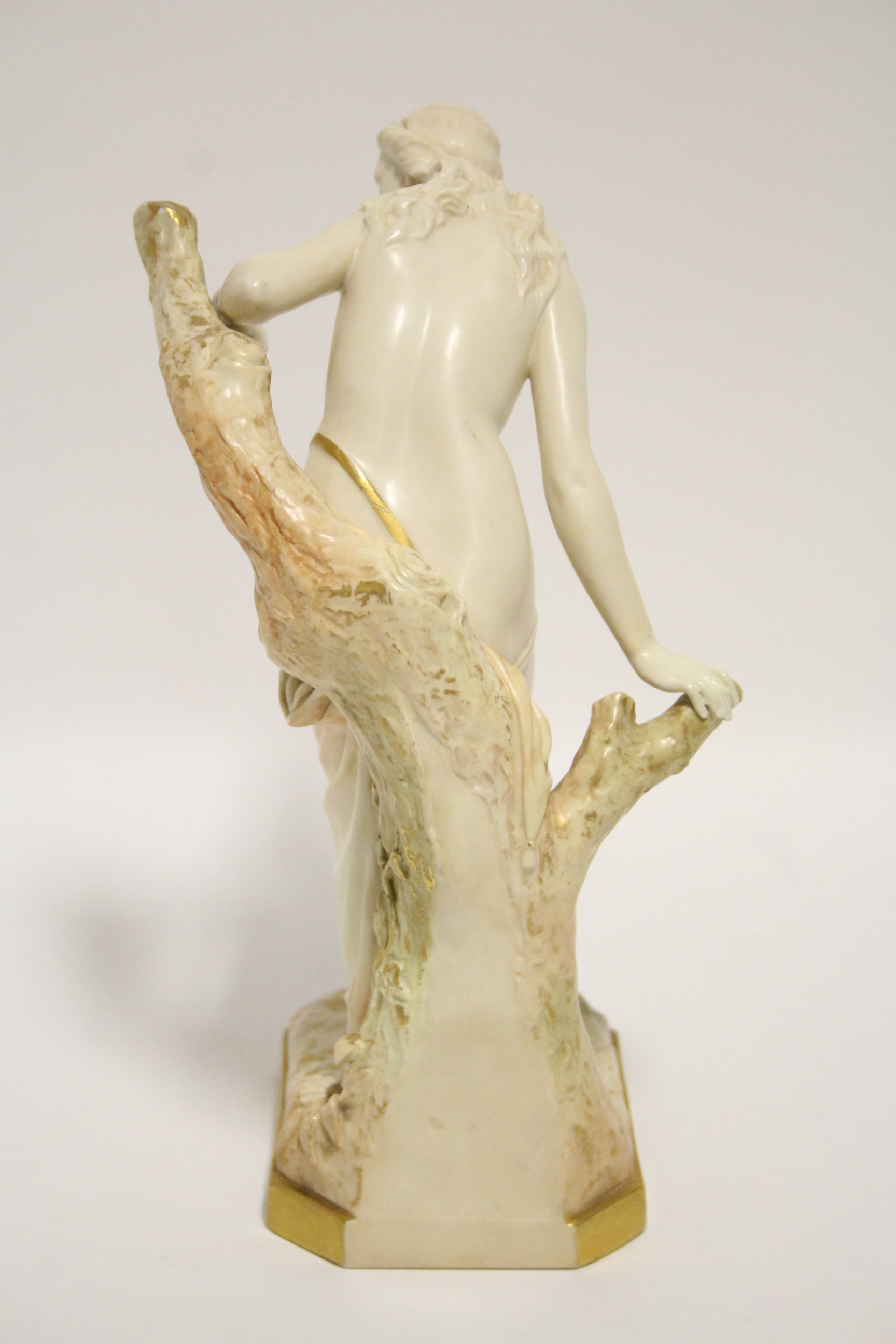 A Royal Worcester ivory-ground porcelain figure of "The Bather Surprised", the robes & tree trunk - Image 3 of 4