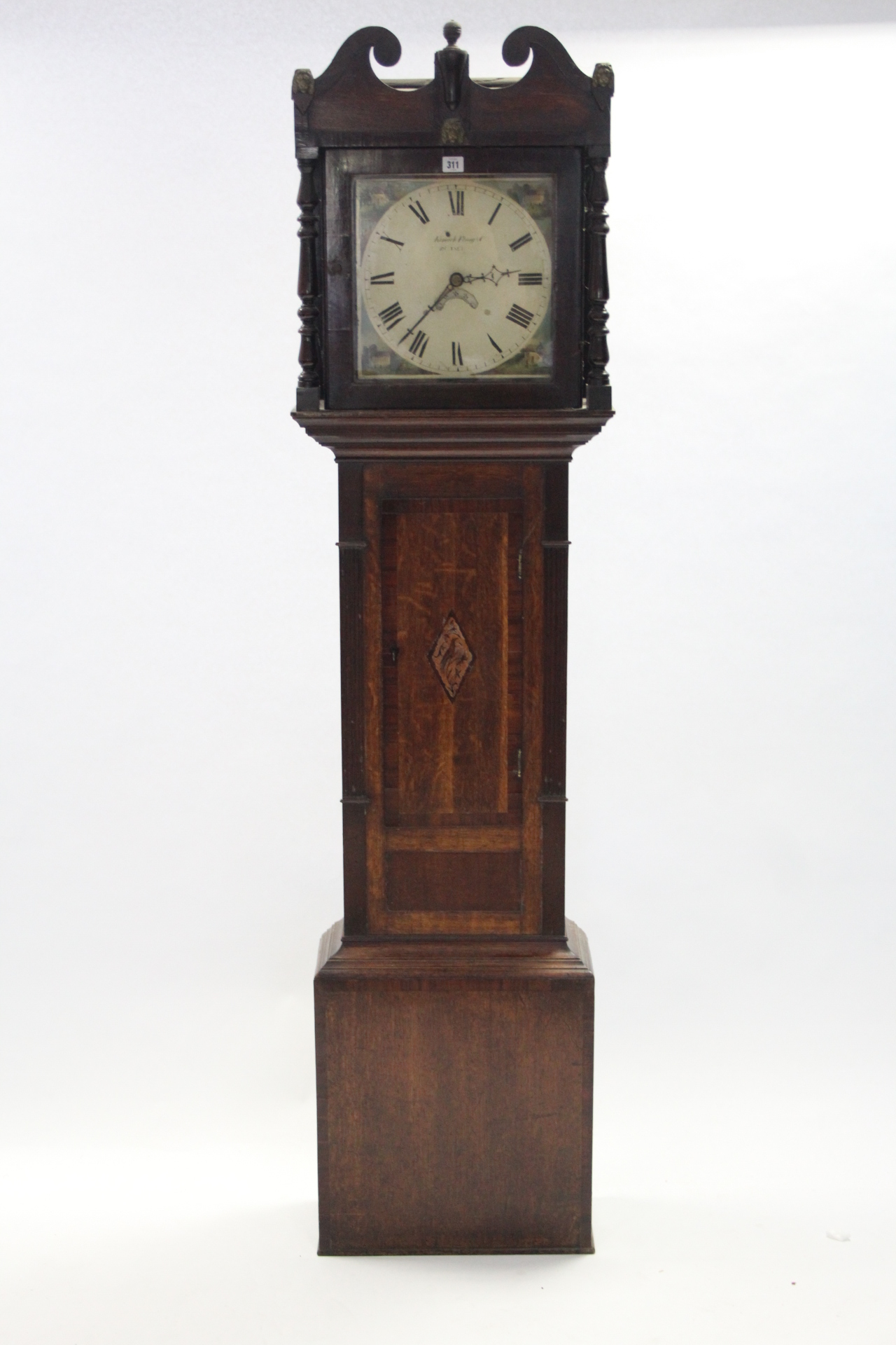 An early 19th century longcase clock, the 12” square painted dial signed “Kinnoch & Flaig (?),