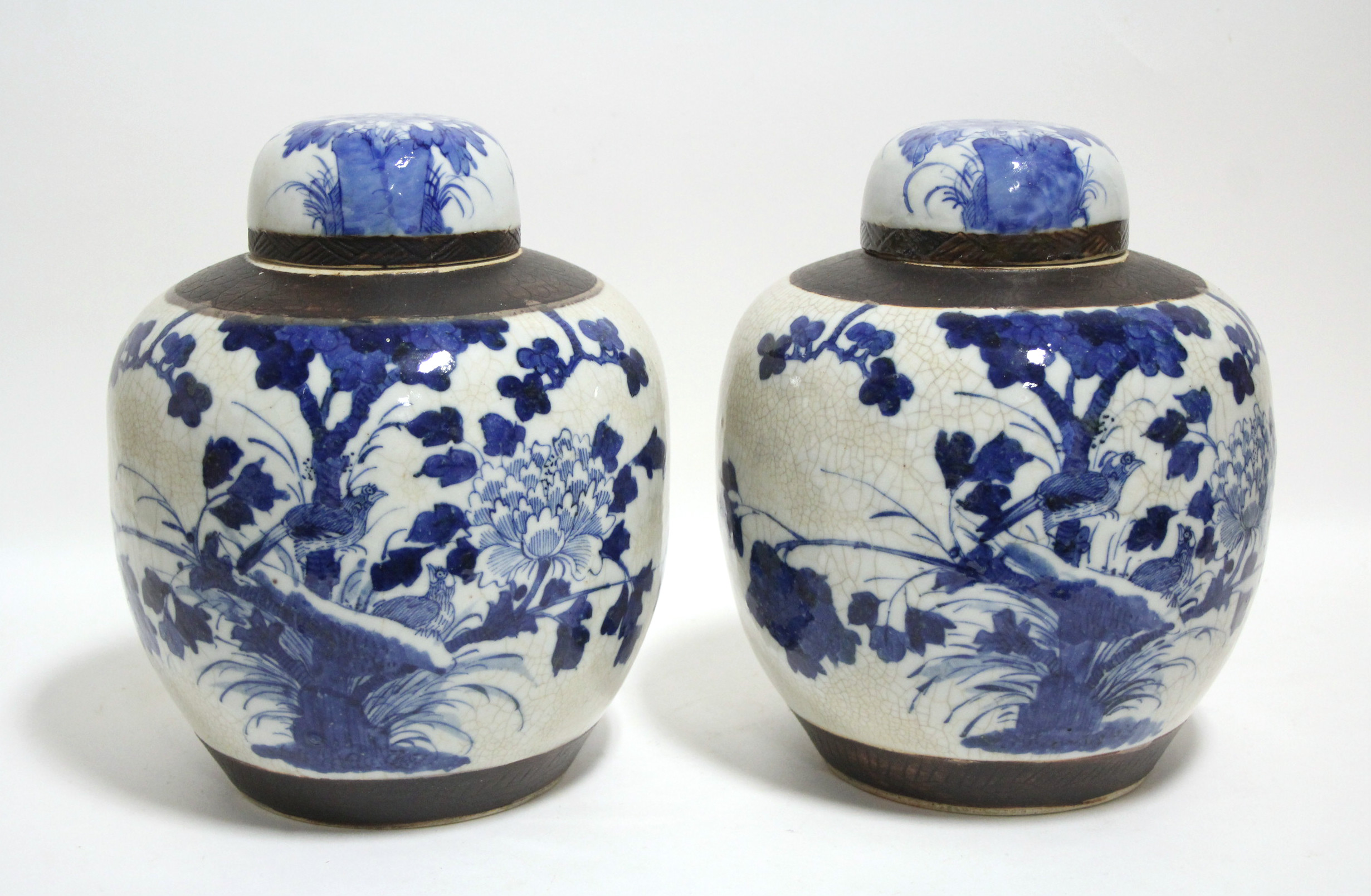 A pair of 19th century Chinese blue-&-white porcelain crackle-ware large ginger jars & covers,