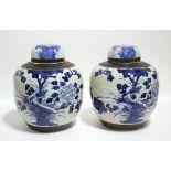 A pair of 19th century Chinese blue-&-white porcelain crackle-ware large ginger jars & covers,