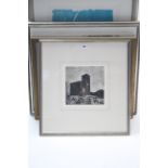 Three modern coloured etchings by Sophie Arnold; together with six other pictures, all framed.