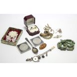 A 9ct. gold dress ring; a quantity of costume jewellery; & various plated tea & coffee spoons.