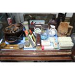 A large box camera; a set of dominoes; various loose postcards; & sundry other items.