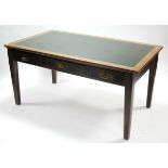 An early 20th century oak office table inset green leatherette, fitted three frieze drawers on