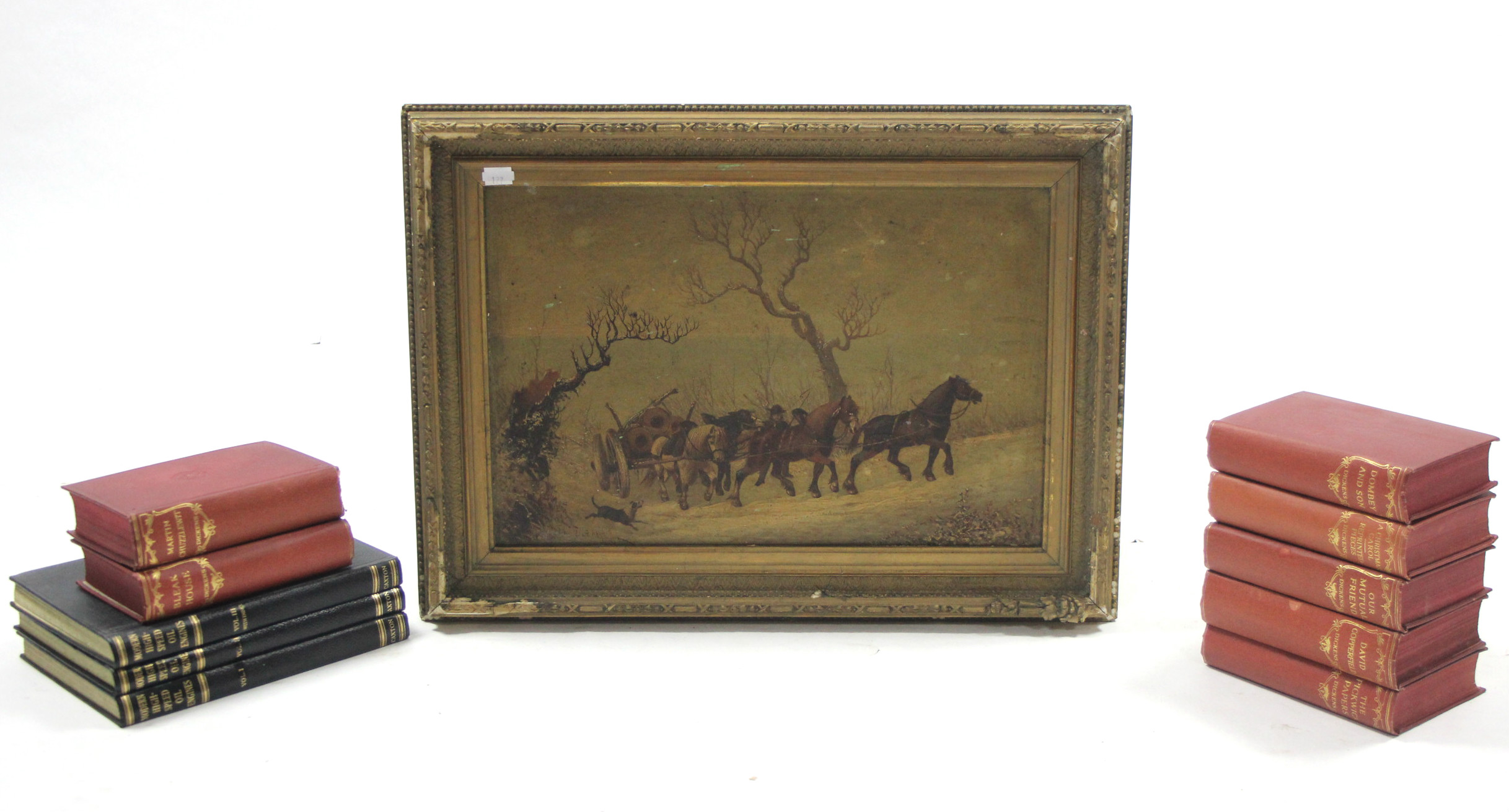 Two oil paintings on card by G. Harris, depicting a coaching scene & a river scene, both signed,