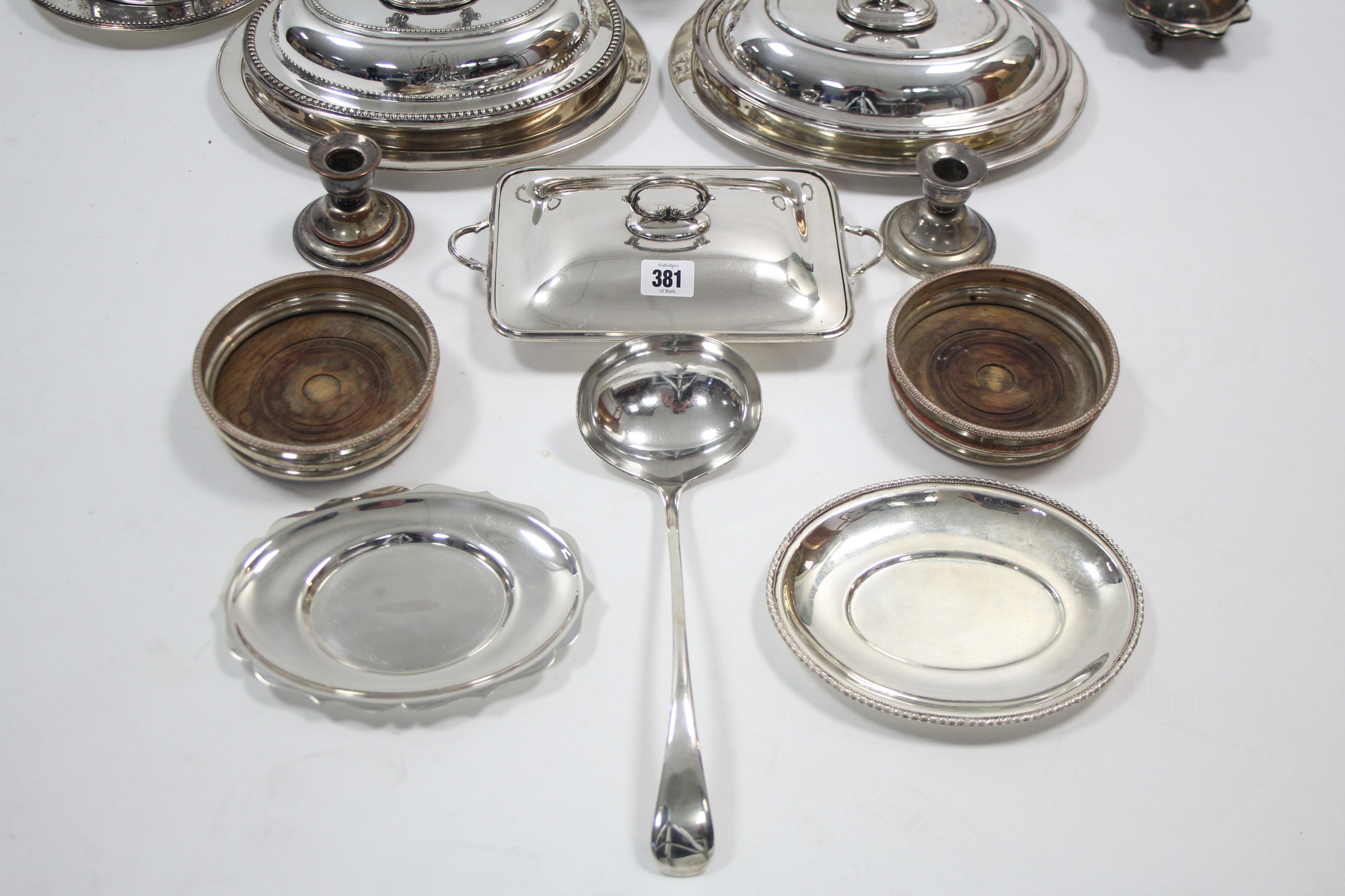 Two silver plated oval entrée dishes; a rectangular ditto; a pair of silver plated dwarf - Image 3 of 3