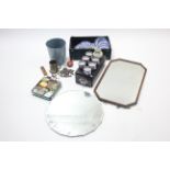 A frameless circular wall mirror; a rectangular wall mirror; various items of blue & white china,