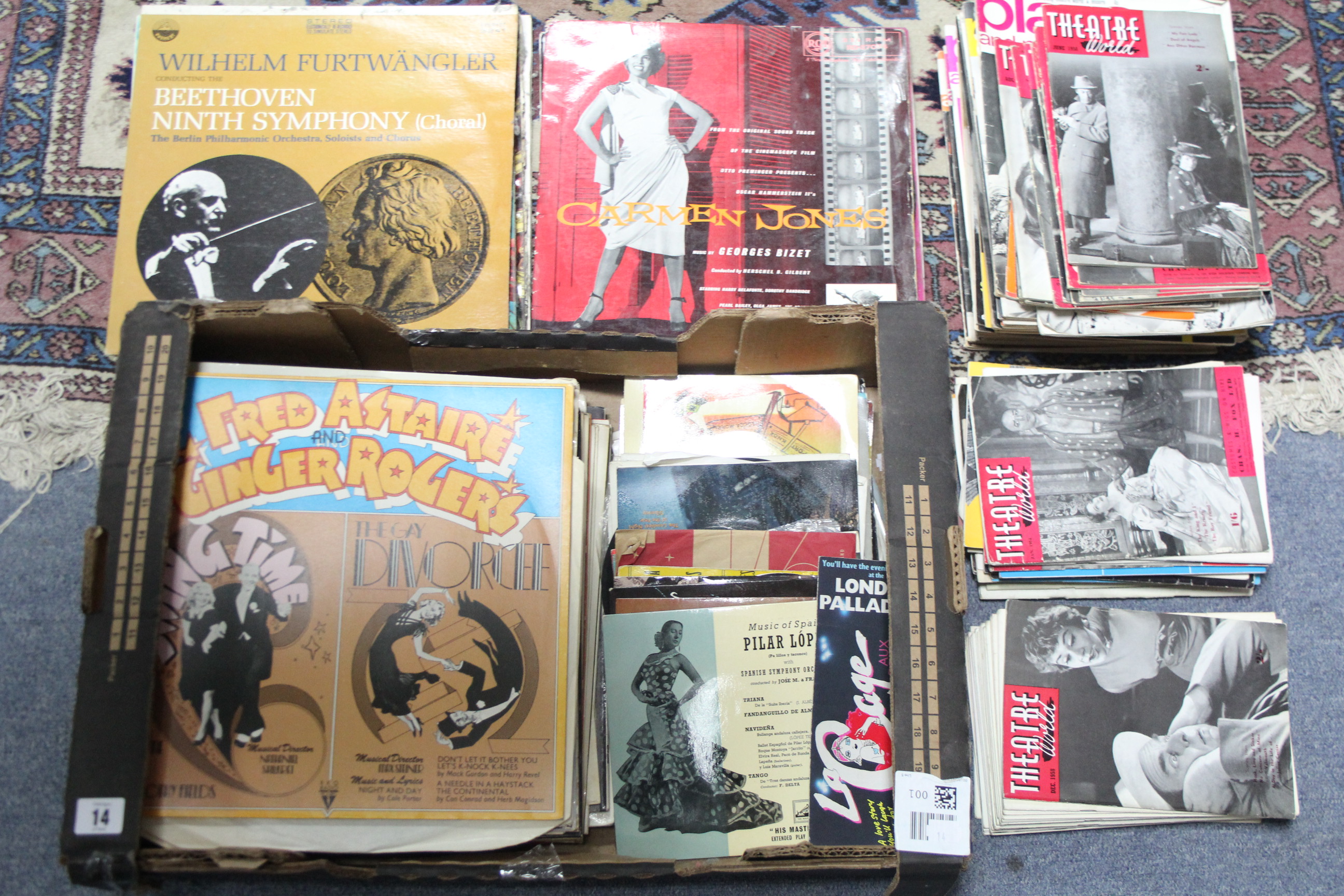 Approximately eighty various records, together with numerous “Theatre world” magazines, etc.