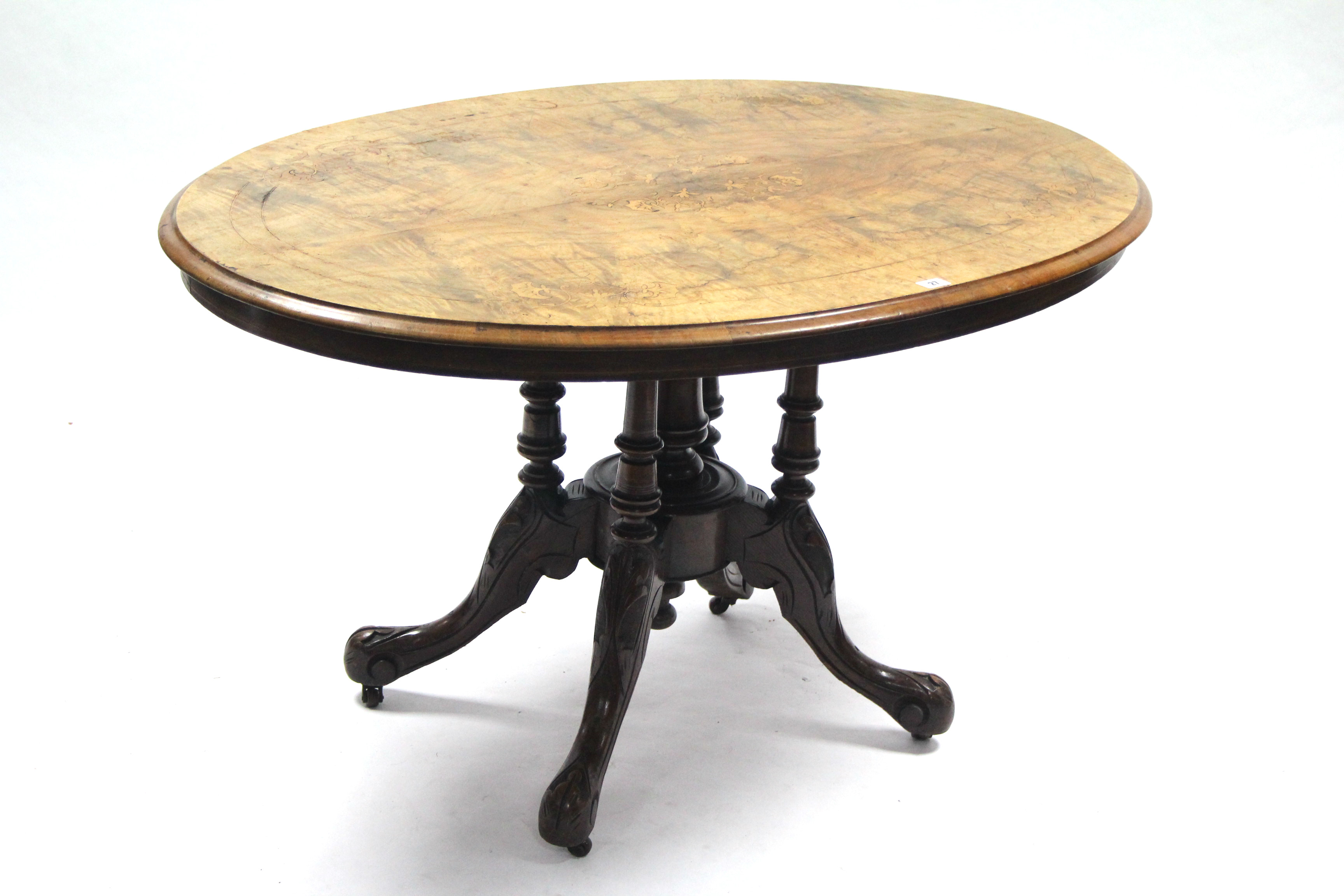 A 19th century inlaid-walnut loo table with oval tilt-top, & on turned supports & carved cabriole - Image 3 of 3