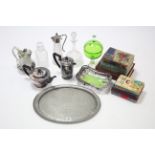 A pewter oval tea tray; a plated cake basket; two glass decanters; various books, etc.