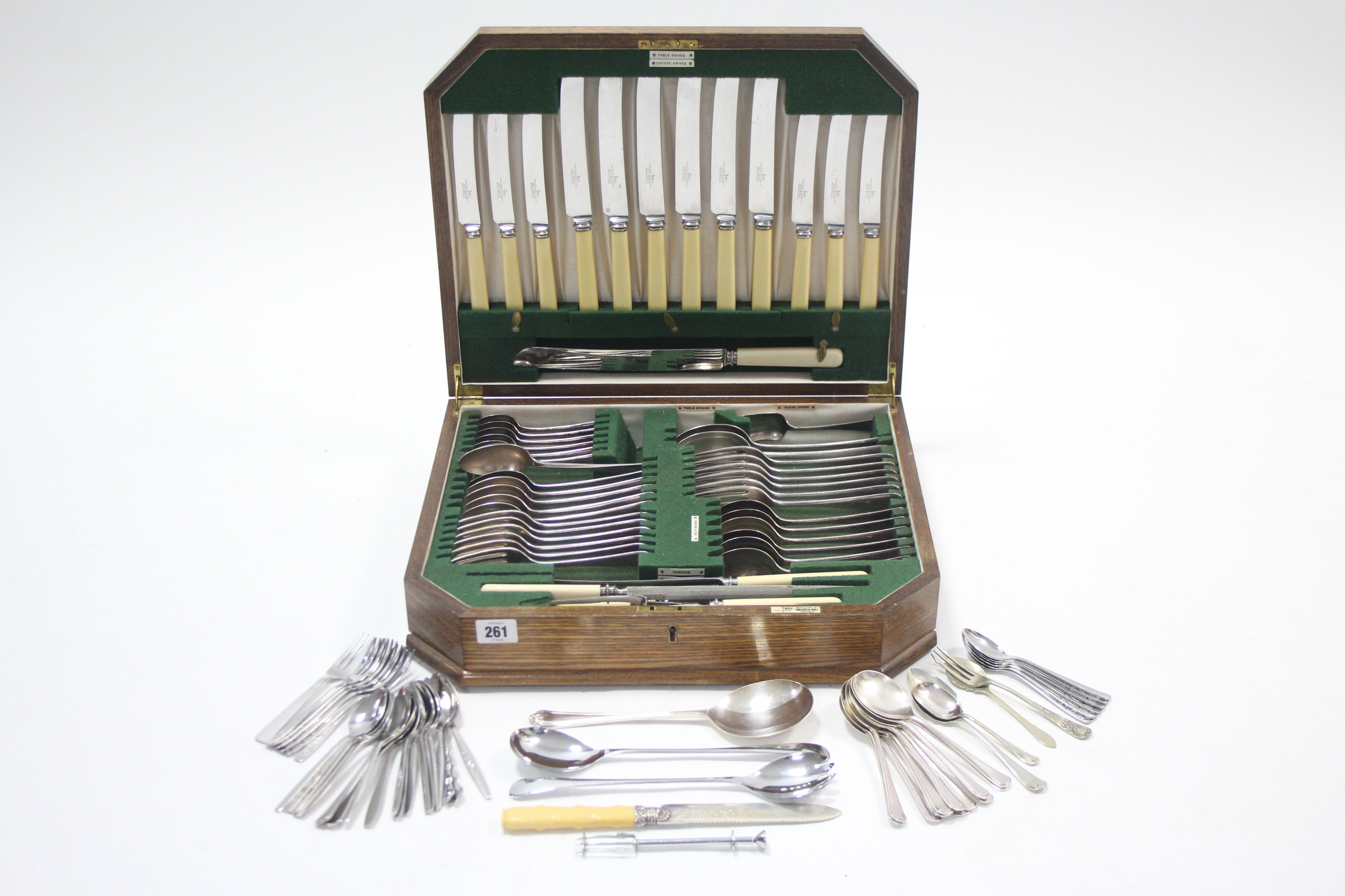 A canteen of Walker & Hall stainless steel cutlery comprising fifty items, in oak case; & various