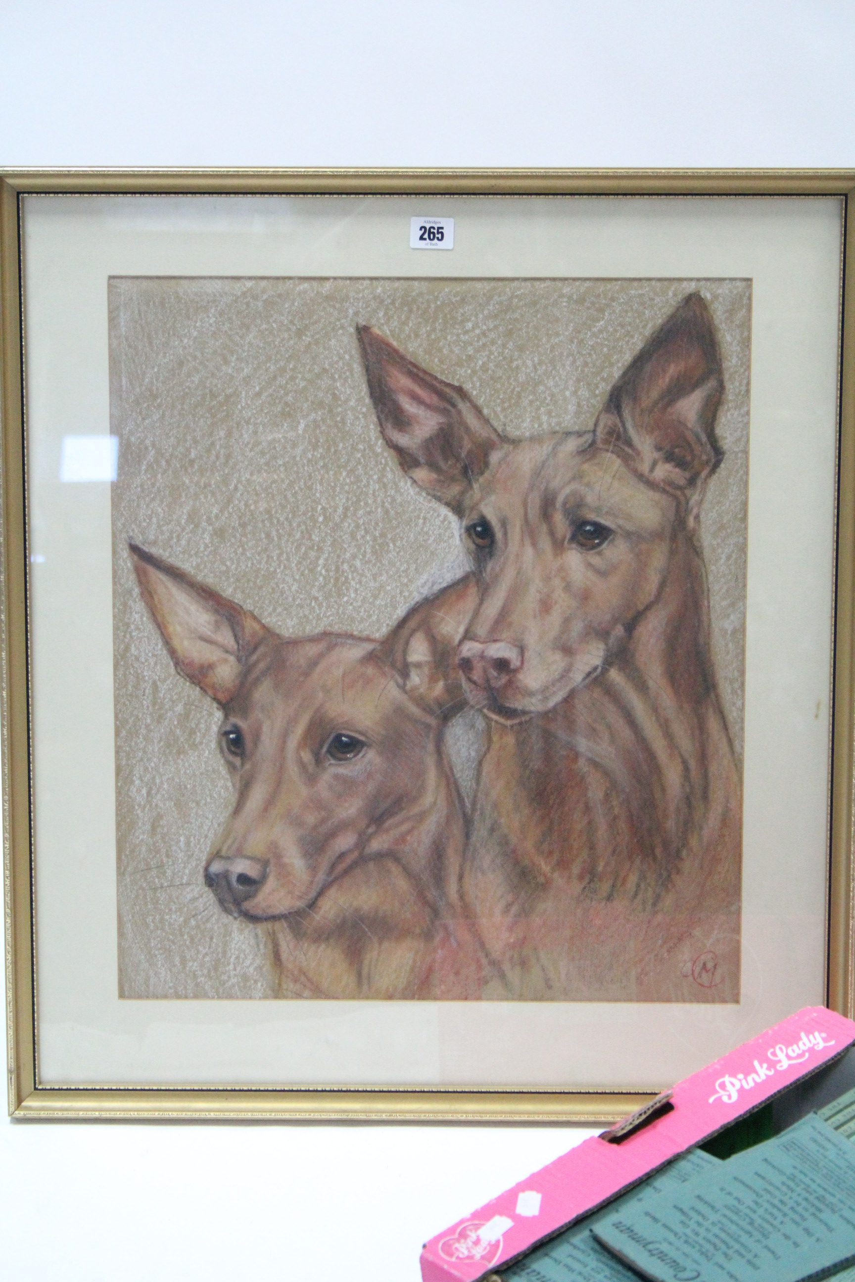 A pastel study of two dogs, 21” x 18”, in glazed frame; a mahogany oval swing dressing table mirror, - Image 2 of 2
